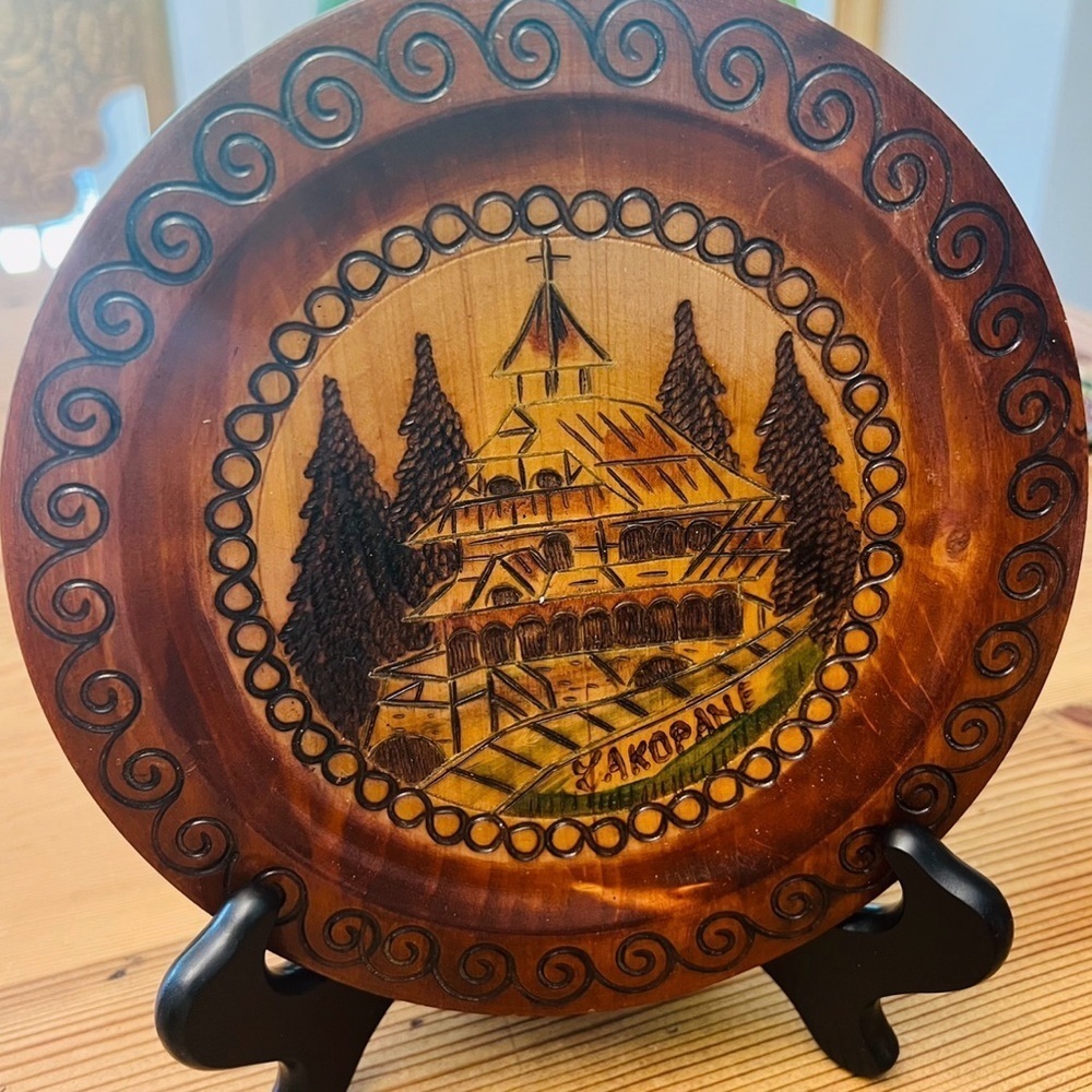 Two Poland, Polish Folk Art Carved Wood, a plate 9 inch Zakopane Cottage Core - Picture 1 of 5